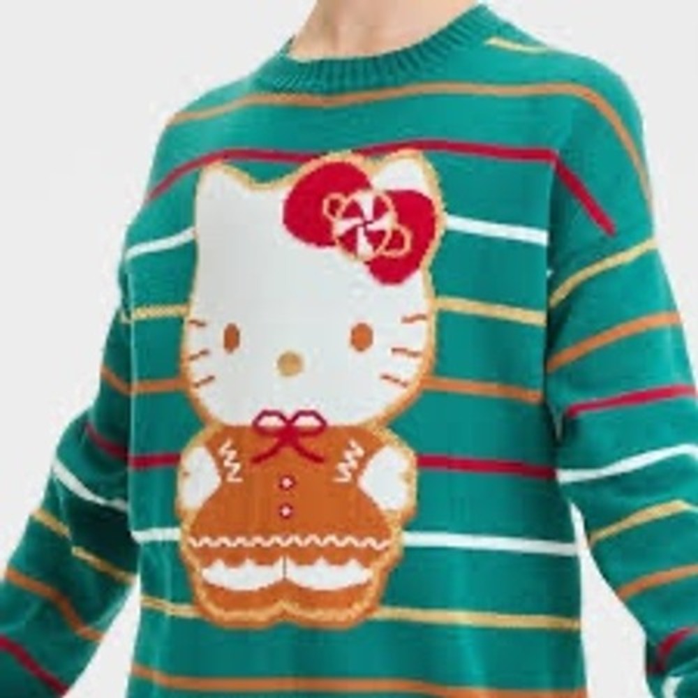 Hello Kitty Sanrio Gingerbread Holiday Sweater Green Striped Metallic Womens S